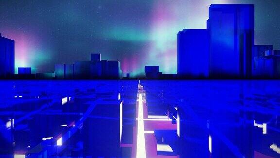 3d渲染动画视频未来的超宇宙城市与北极光在夜空