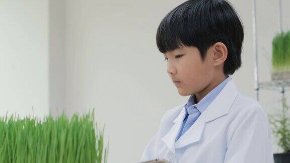 小男孩在教室实验室里学习化学生物学教育项目