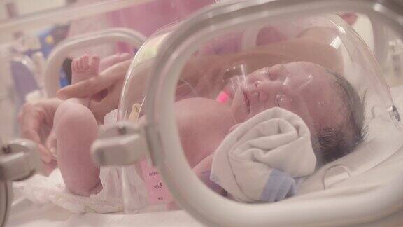 特写可爱的小新生儿躺在新生儿保温箱里