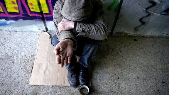 高清多莉:无家可归的人拿着一个张开的手掌