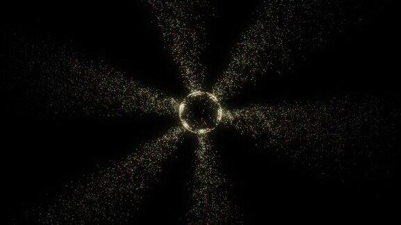 圆形移动发光的彩色粒子动画的魔术圈与飞行粒子在黑暗的背景粒子旋转在一个圆形在圆上发光的粒子