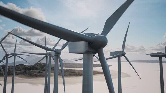 盐湖上的风力涡轮机绿色能源概念天空和云的延时视频
