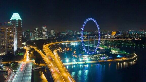 新加坡夜间照明交通道路传单滨海湾全景4k时间推移