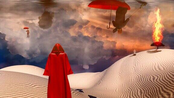 戴着红伞的人漂浮在白色的沙漠里