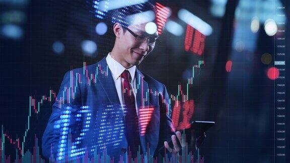智能亚洲商人在手机上输入金融数据与未来的股票图表图形商业投资者股票交易所市场和加密货币数字技术的想法背景