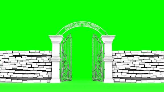 白色的门打开在绿色的背景3D动画