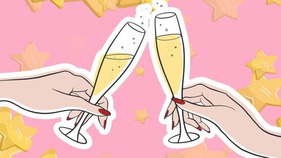 动画的浮动金色开始和卡通手与玻璃杯的香槟在粉红色的背景