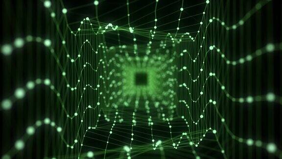 抽象线框隧道绿色的虫洞3D传送门网格未来的幻想方形漏斗3d渲染