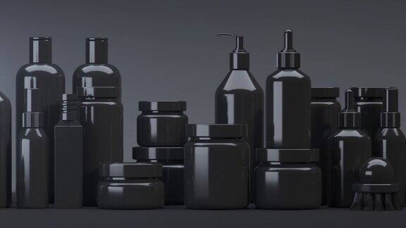 黑色美容产品塑料管集合设置的化妆品行动潘相机在黑暗的背景包装面霜凝胶精华广告和产品推广3d动画