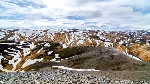 云在冰岛的彩虹雪山上移动美丽的自然结构向上倾斜延时