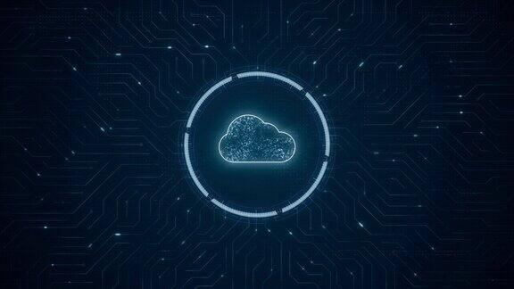 蓝色数字云计算logo和未来技术圆HUD的运动图形与电路板和抽象背景云存储概念上的数据传输