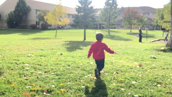 一个三岁的白人男孩跑过草地加入他的哥哥和他的妈妈在一个阳光明媚的秋天在一个社区公园的小操场上