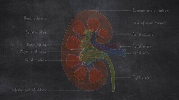人体肾脏解剖手绘在黑板上