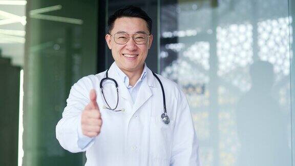 穿着白大褂微笑的亚洲医生的肖像在镜头前竖起大拇指