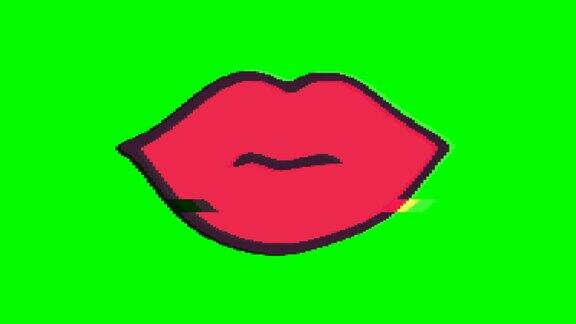 嘴或嘴唇与绿色背景上的故障效果Emoji运动图形