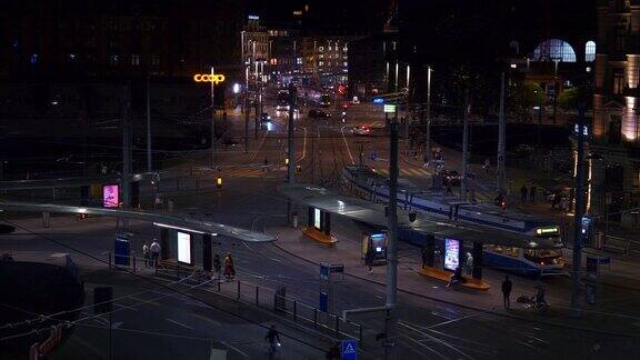 夜间苏黎世市火车站交通广场全景4k瑞士