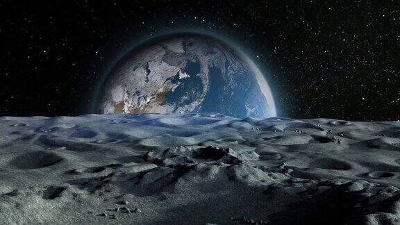 从月球表面的火山口拍摄的蓝色行星地球