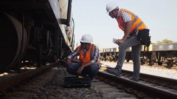 亚洲男性经理检查员检查铁路安全系统穿着安全背心和安全帽的铁路工程师在车站检查铁轨的维修工程师