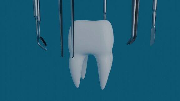 牙齿的蓝色背景与牙医工具