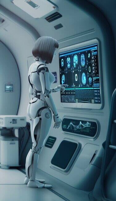 机器人女孩对另一个机器人进行扫描
