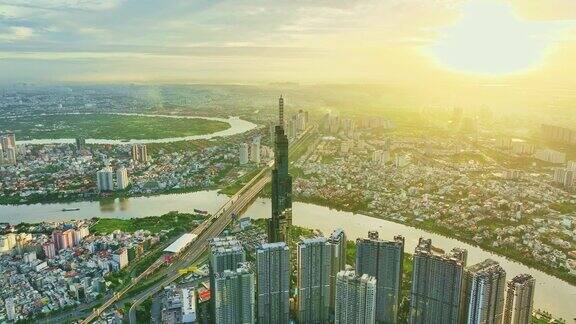 鸟瞰图胡志明未来主义摩天大楼城市在冬天的一天