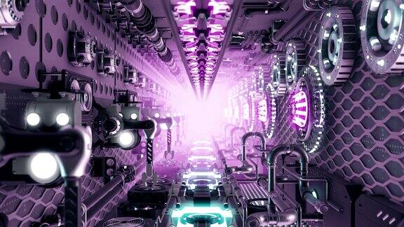 高质量的未来科幻隧道-霓虹灯隧道3d渲染抽象背景-无缝环-无尽