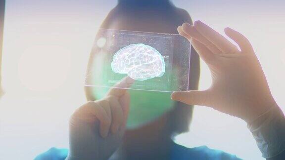 手持科技数字全息人脑界面的女医生人工智能