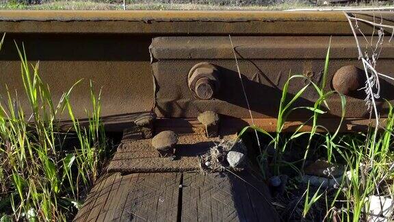 用螺栓固定在铁路枕木上的钢轨