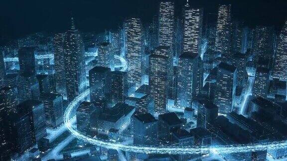 城市景观与发光的数据线-大数据物联网未来主义建筑