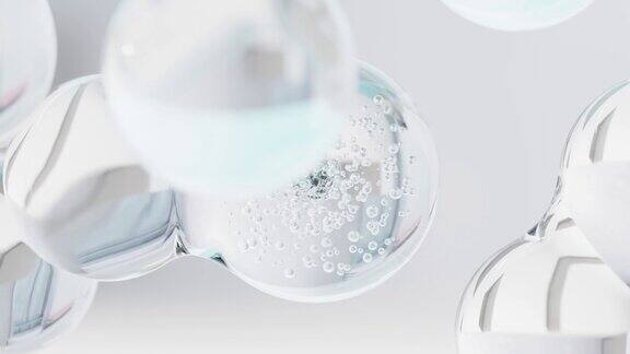 化妆品的精油泡在水中蓝色液体气泡流体流动胶原蛋白原子漂浮保湿霜皮肤精华液维生素美容概念3d渲染