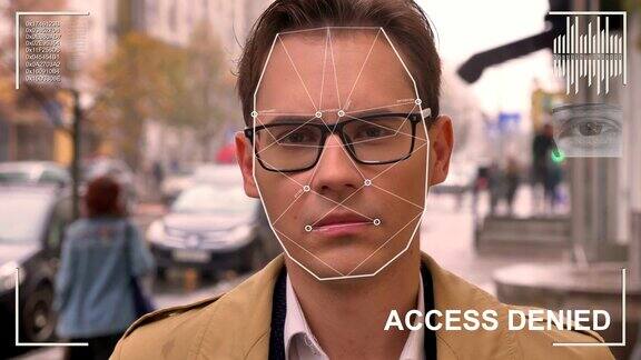 未来和技术扫描的面孔一个美丽的男子的面部识别和扫描的人
