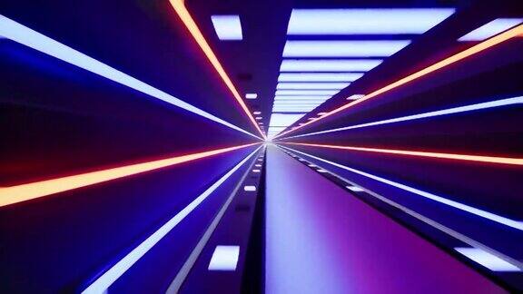 飞行在一个未来的金属走廊霓虹灯彩色激光线3d渲染
