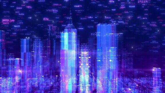 未来的矩阵:无缝循环全息3D城市渲染与二进制代码粒子网络世界地图的技术和连接概念