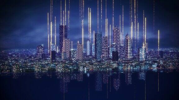 飞越智慧城市拥挤的现代城市发光的无线数据