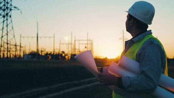 动力工作概念工程师站在电塔旁边年轻工程师戴安全帽电气工程师和夕阳背景下的高压电塔
