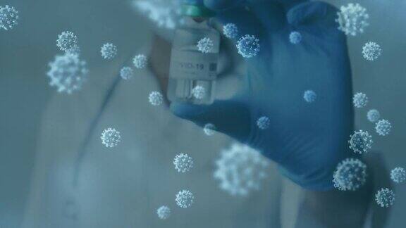 covid-19细胞和戴口罩手持疫苗的医生的动画