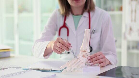 骨科医生在诊所的桌子上展示足部结构模型