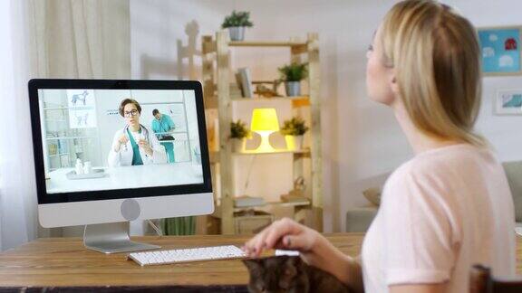 女人与可爱的猫视频呼叫在线兽医