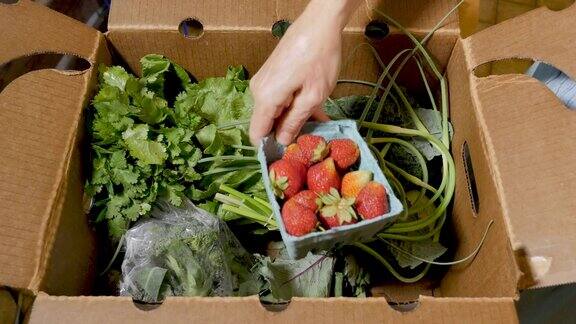 手穿过一盒新鲜的有机时令水果和蔬菜