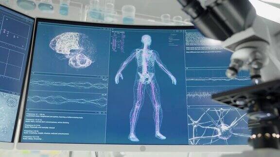 计算机屏幕上的冠状病毒模型科学家的手在做笔记未来的实验室研究