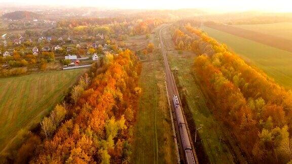 鸟瞰图:火车在树带在农村的景象在秋天