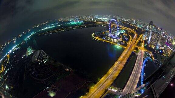 夜间照明新加坡著名酒店屋顶传单湾交通道路全景4k时间间隔