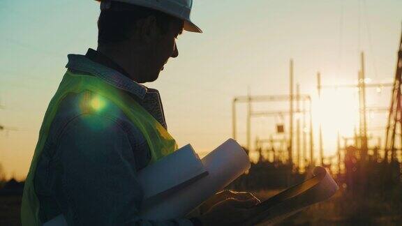 工业能源经营理念剪影电气工程师在日落时分在电塔附近工作电业工人检查电塔电压发电行业
