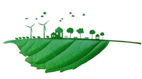 风力涡轮机和太阳能电池的能源用于家庭使用并剪下绿叶