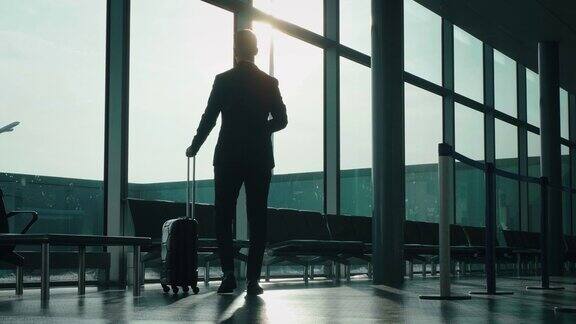 一个穿着西装的年轻优雅的商人带着一个手提箱走在国际机场的慢镜头阳光从窗口射进来