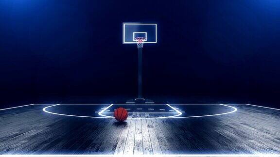 篮球场的地板上有篮球板和篮球球