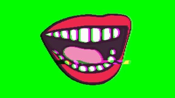 张开嘴与绿色背景上的故障效果Emoji运动图形