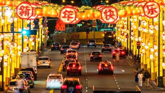 4k时间流逝唐人街路在夜晚的新加坡