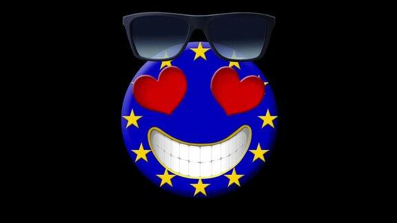 欧盟笑脸与欧盟旗帜的动画被Alpha频道隔离(透明背景)动画Emoji笑脸图标动画表情符号欧盟旅行