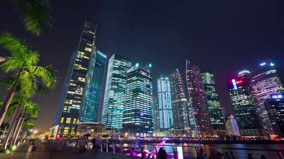 夜晚照亮新加坡滨海湾市中心全景4k时间流逝